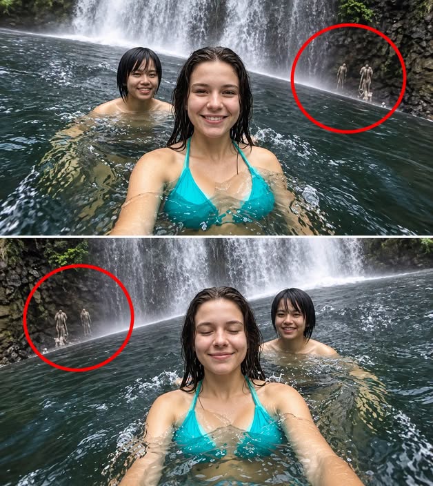 Mysterious Figure Appears Behind Hikers in Waterfall Photos